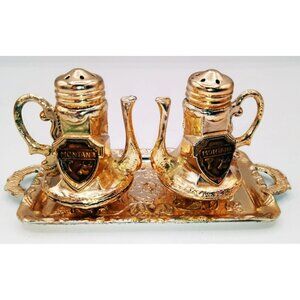 Montana Salt Pepper Shakers Cow Gold Toned Japan 2.25 Inch 4.5 inch Tray Vintage